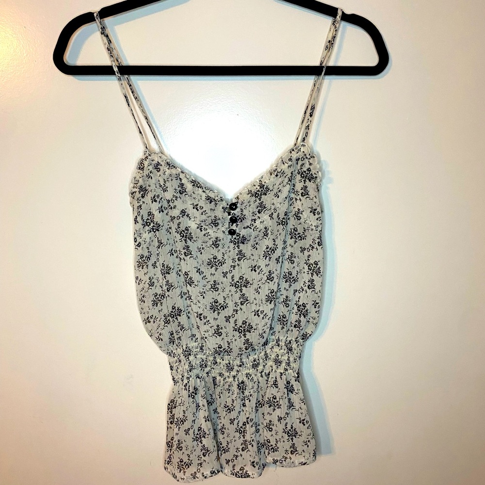 White crop top w/black roses spaghetti strap cami